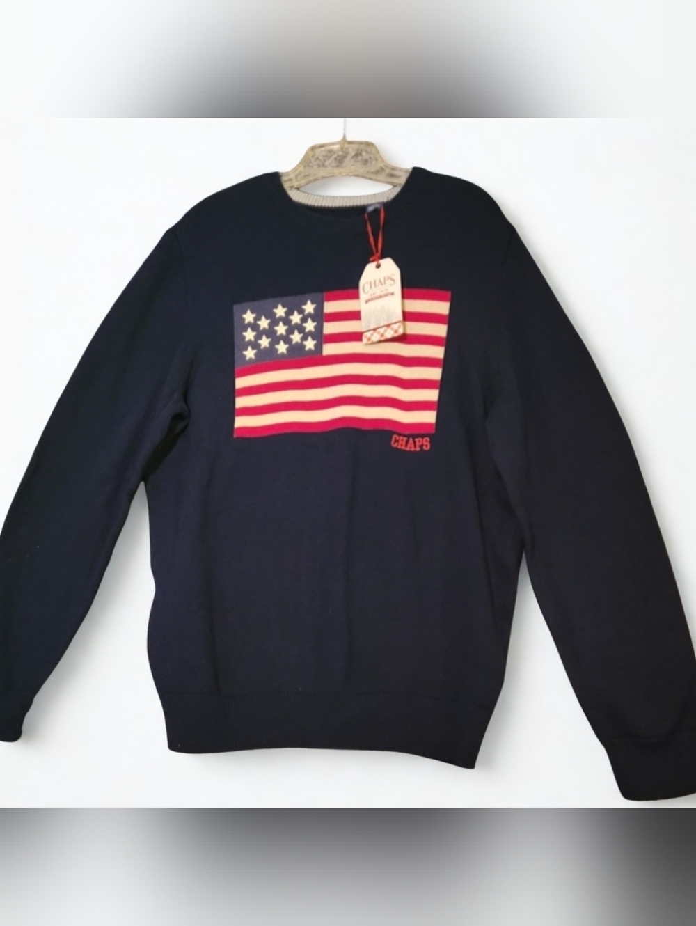 Americana Patriotic July 4th Navy Blue Flag Sweater Men's Size Large